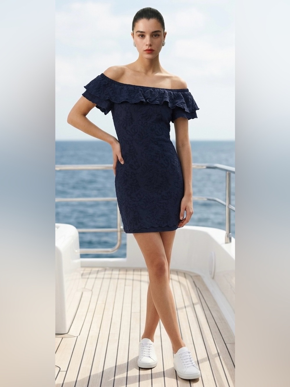 Democracy Bodycon Mini Dress Lined Textured Print Navy Off-the-Shoulder SZ L GUC